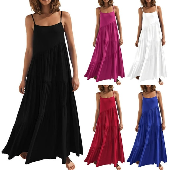 Elainilye Fashion Women's Casual Dresses Summer Casual Loose Dress Strap Beach Dresses Long Maxi Summer Dresses for Women,Black