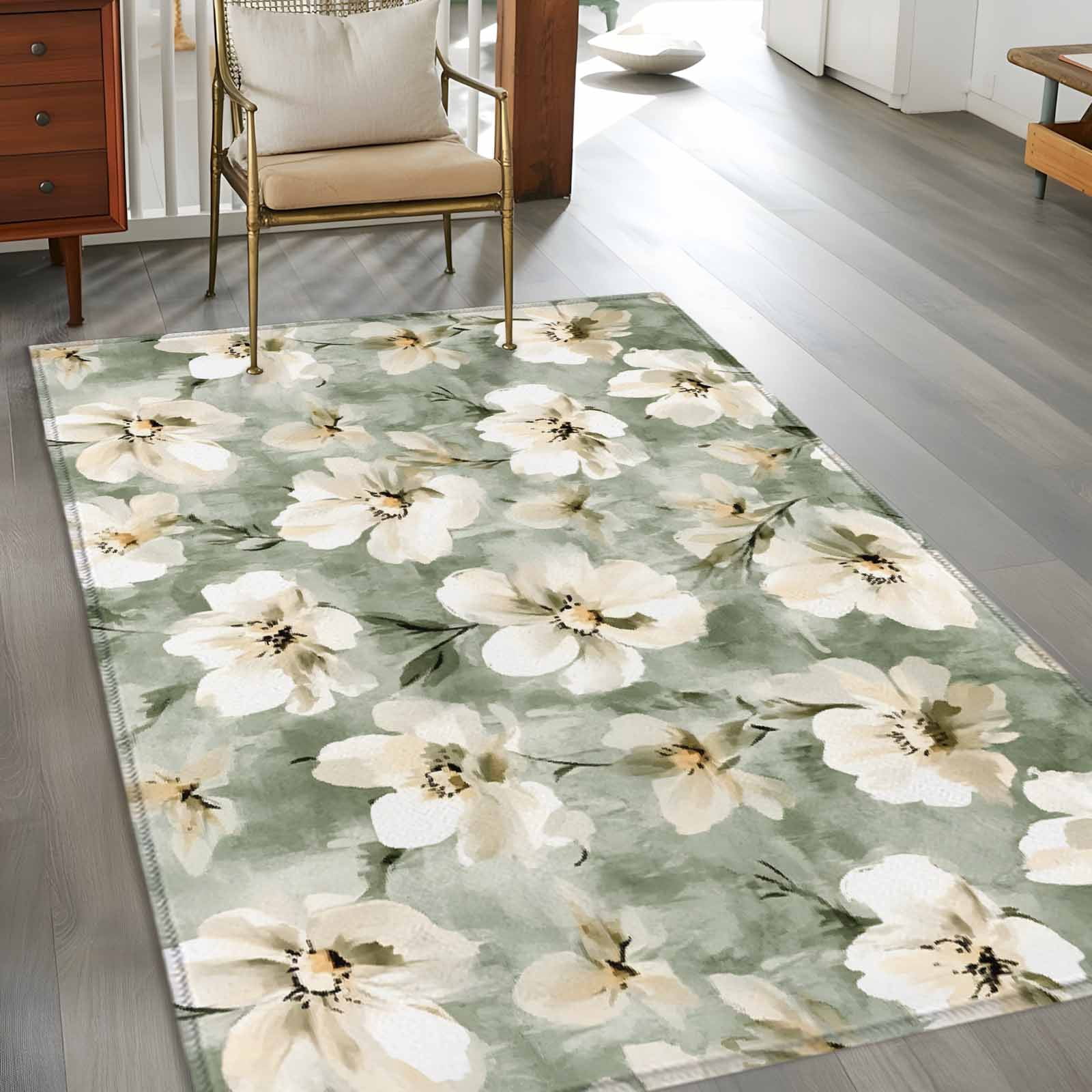 3'x5' Area Rugs, Sage Green Spring Floral Indoor Outdoor Area Rug for Living Room Bedroom, Summer Botanical Flowers Washable Bathroom Rugs Kitchen Floor Carpet Mats Home Decor Aesthetic