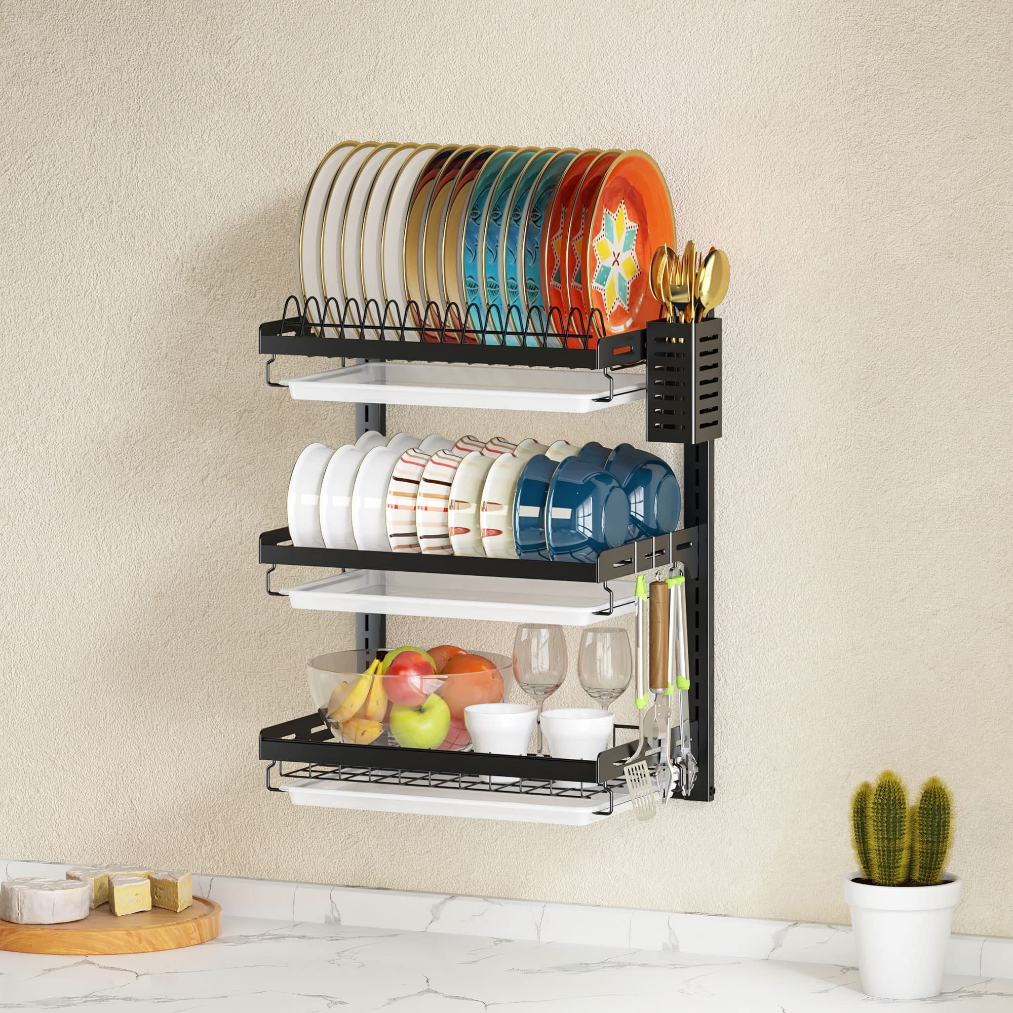 Kitchen Dish Rack Hanging Drying Organizer Storage Shelf 2/3 Tier Wall  Mount Bowl Holder with Drain Tray 304 Stainless Steel - AliExpress