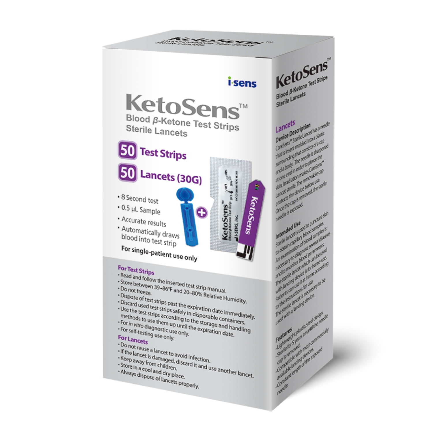 KetoSens Blood Ketone Test Strips and Lancets - 50 Test Strips & 50 Lancets  - for Keto Diet and Ketosis Monitoring 