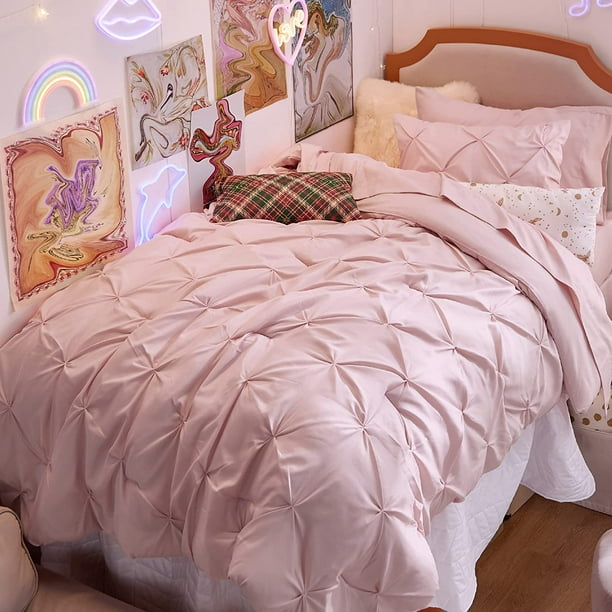 Pink Twin Size Comforter Set 5 Pieces Pintuck Twin XL Size Bed in A