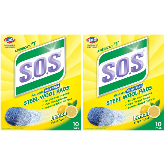 S.O.S Steel Wool Soap Pads LEMON FRESH Reusable Soap Filled  10 Count Each (Pack Of 2) 20 Pads Total