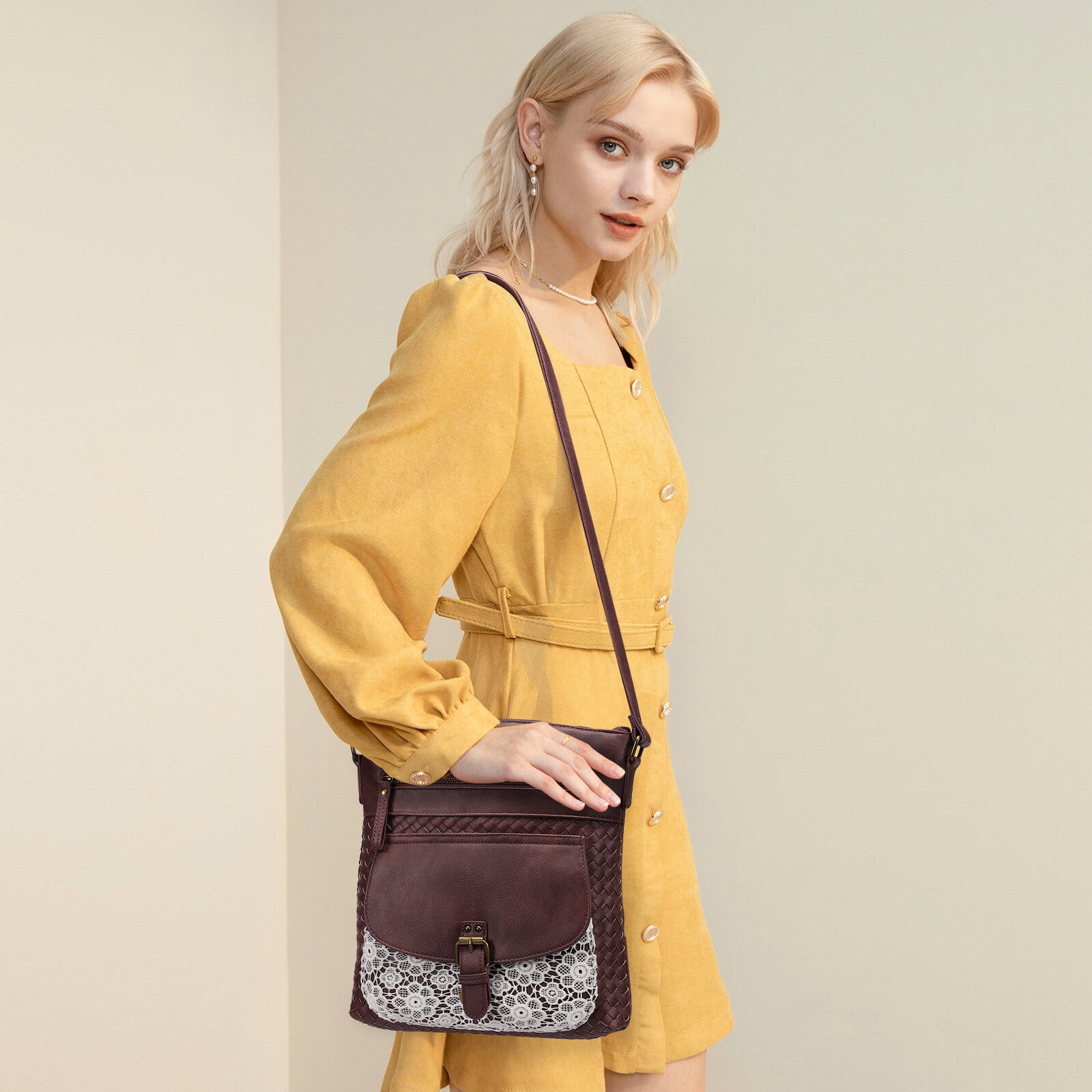KouLi Buir Large Crossbody Bags for Women Straw Weaving Design PU Leather Shoulder Handbags