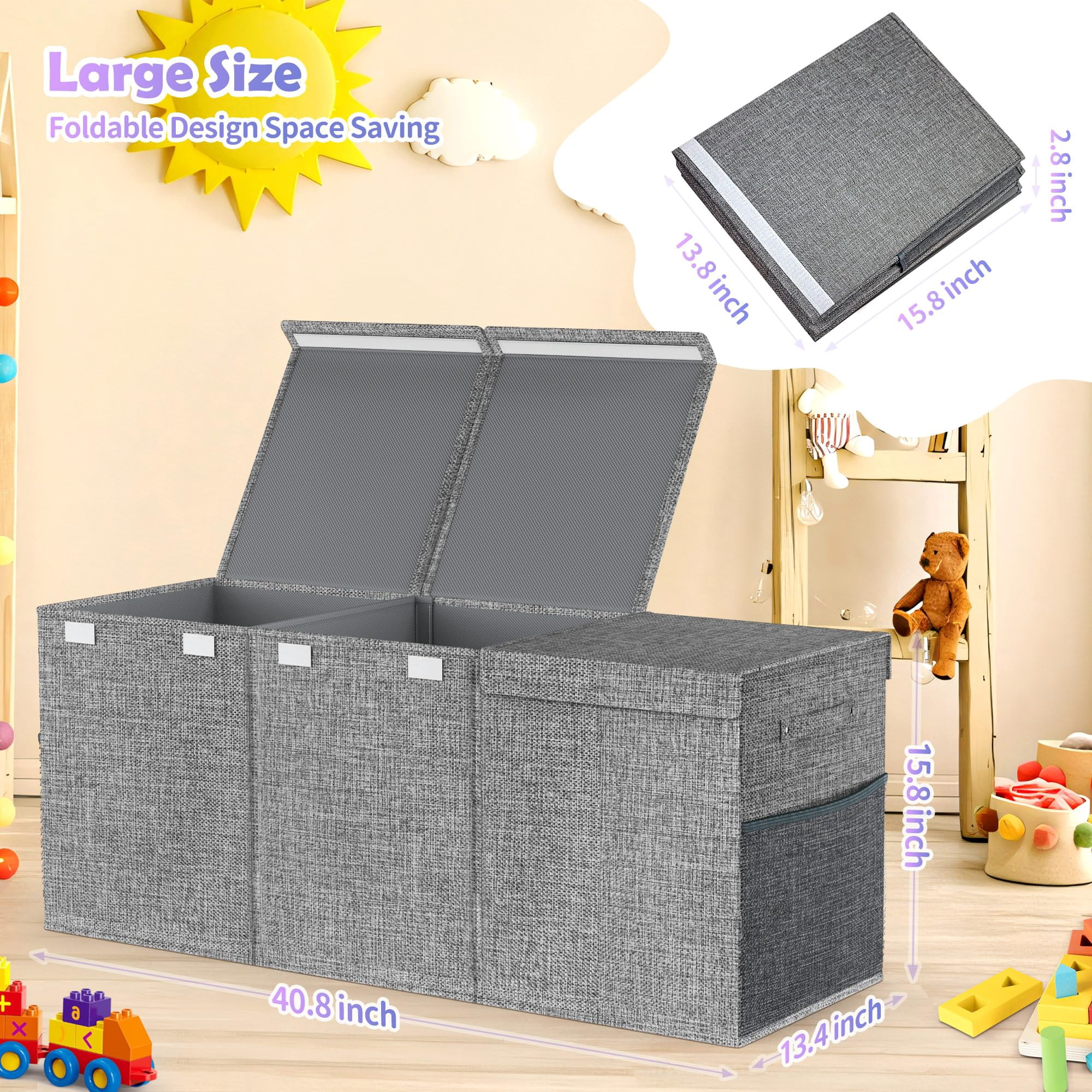 Extra Large Toy Box, Collapsible Sturdy Kids Toy Storage Storage Box with 2 Side bags and Removable Lids，large Toy Chest for Boys, Girls, Nursery, Living Room, Playroom,Gray