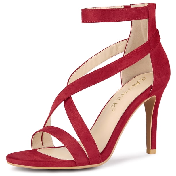 Sandalias de Tacón de Aguja Correa de Tobillo Cremallera para Mujeres Rojo 41