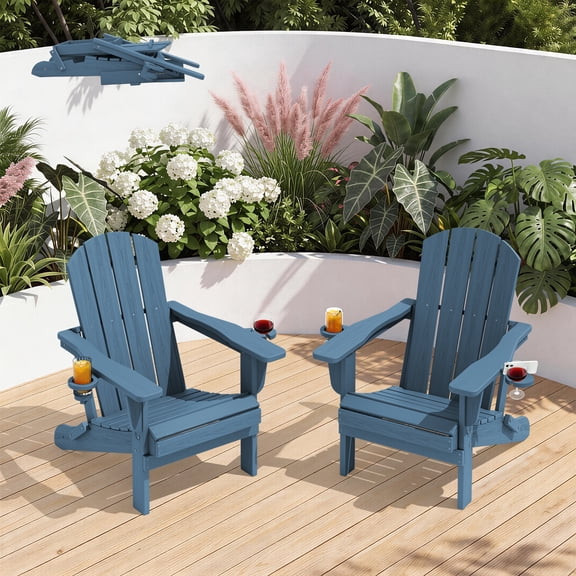 KINGYES Outdoor Folding HDPE Adirondack Chairs Set of 2 with Dual Cup Holder - Patio & Outdoor Lounge, Deck, Weather - Resistant , Blue