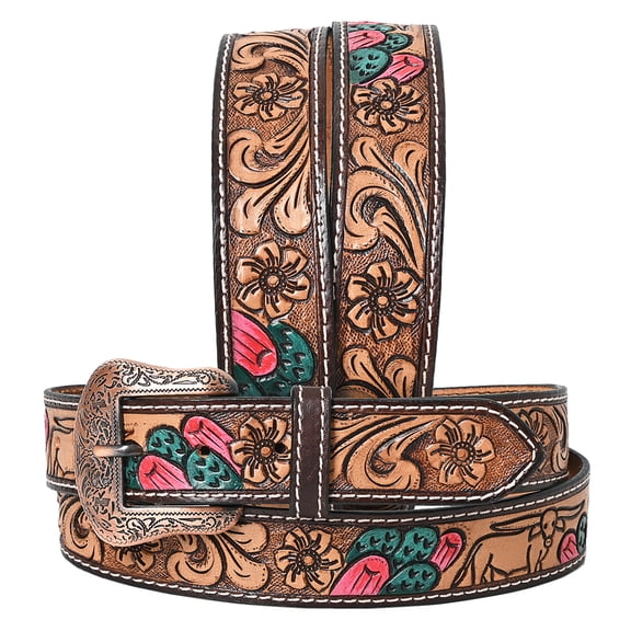 BE BAR H EQUINE Floral Cactus Bull Hand Carved Western Leather Men And Women Belt