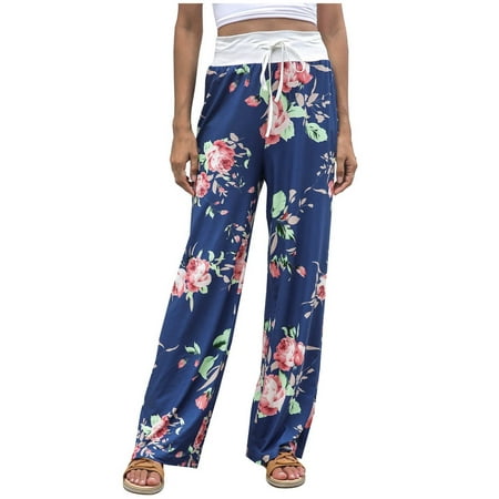 

RYRJJ Women s Comfy Pajama Pants Wide Leg Lounge Palazzo Yoga Pants Drawstring Casual Floral Print High Waist Long Pants(Dark Blue XXL)