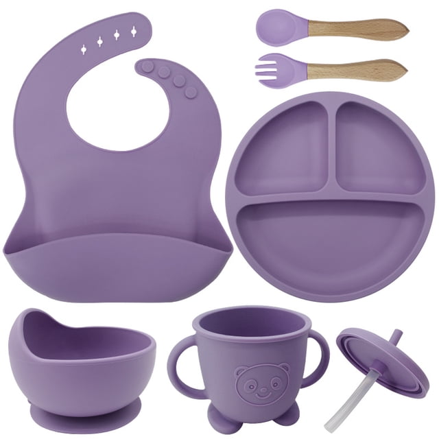 Babero de silicona para madres e hijos Plato de silicona para la cena Juego de ocho piezas Plato de succión para entrenamiento complementario de alimentos para bebés Juego de vajilla separada para