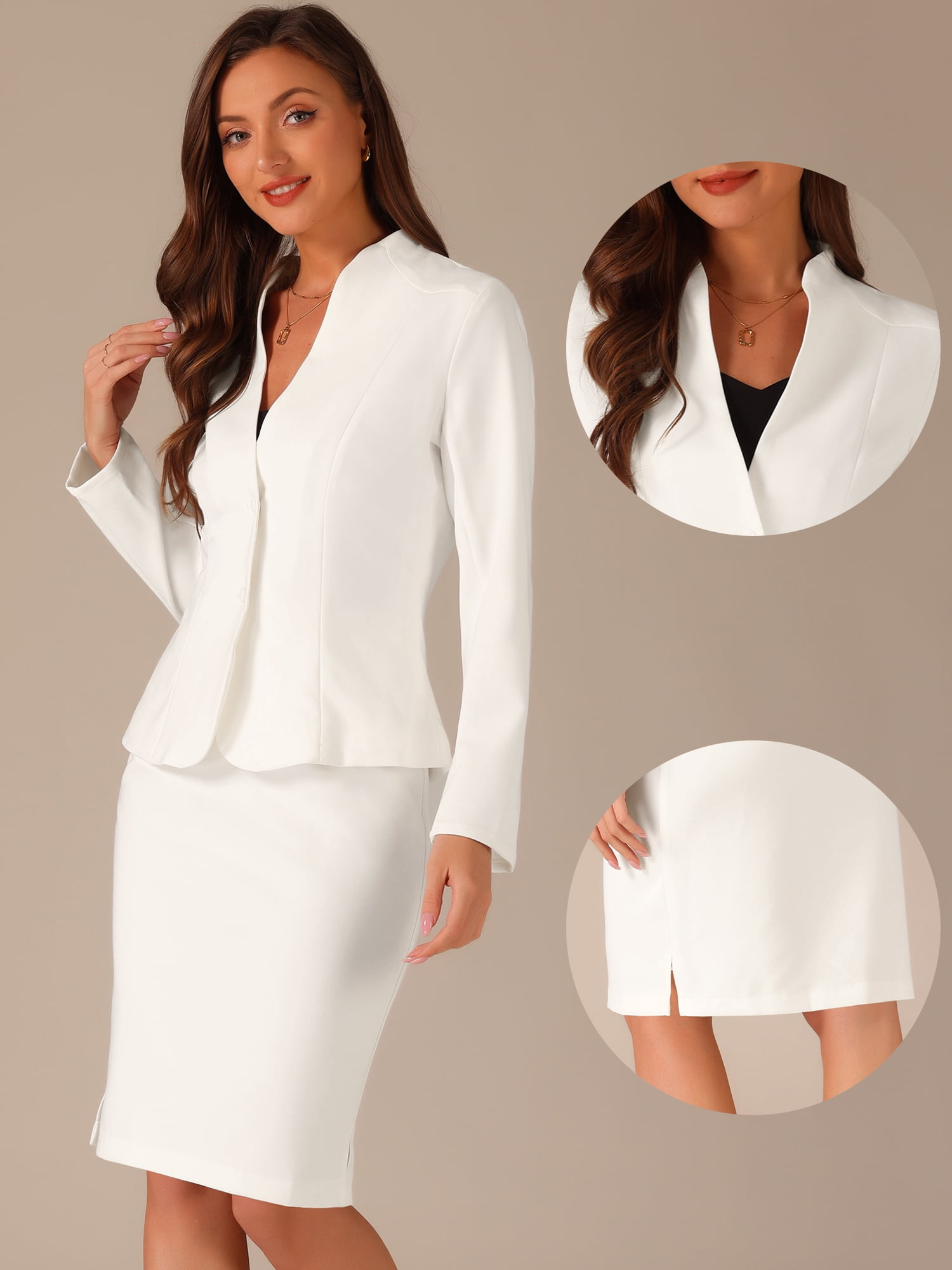 DARING DIVA Women's 2-Piece Business Blazer Pencil Skirt Suit Set L White