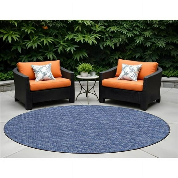 HomeRoots 560108 8 ft. Round Navy Blue Round Geometric Washable Non Skid Indoor Outdoor Machine Woven Area Rug