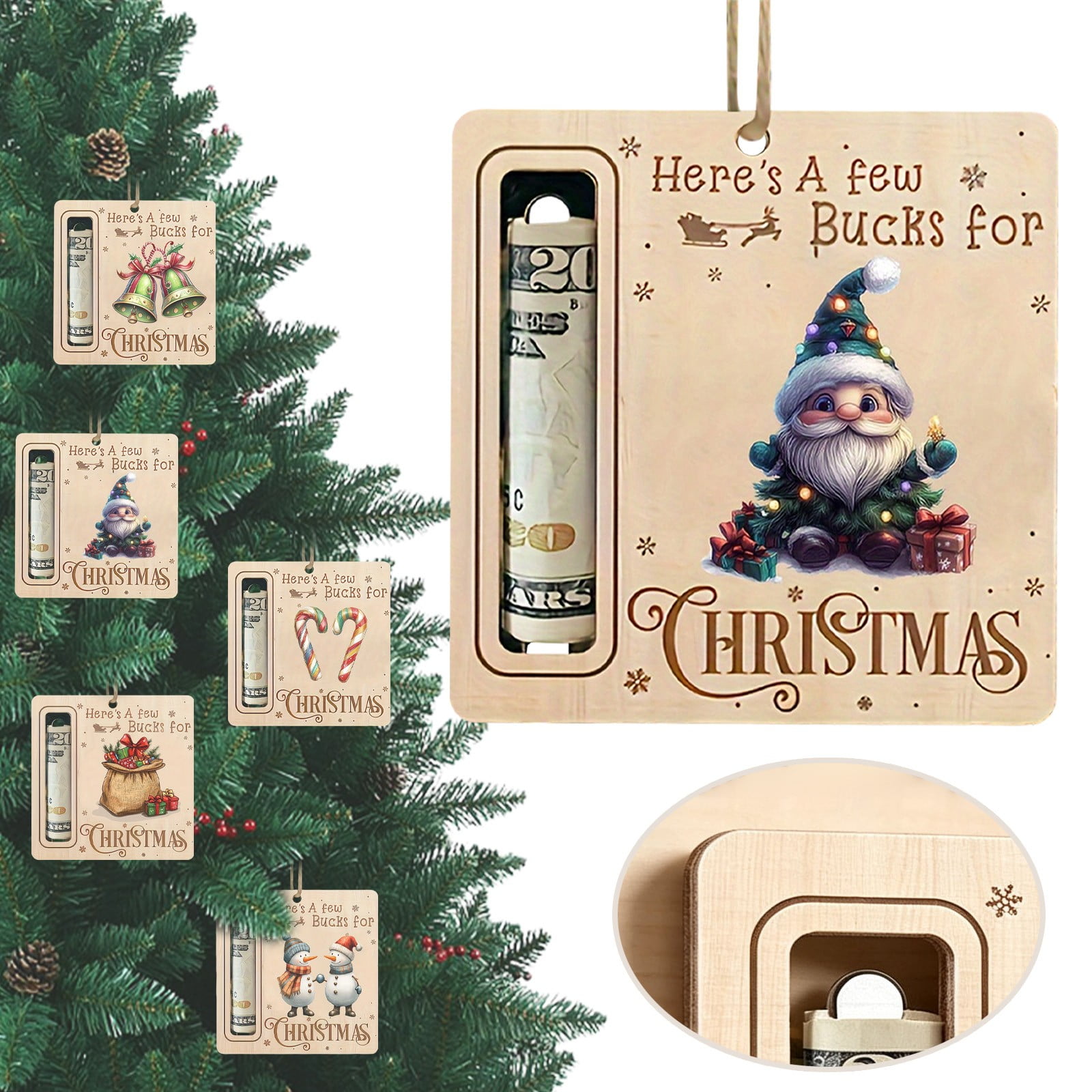 Christmas Money Gift Holder Christmas Cash Gift Ornament Wooden Money Holder With Built-In Storage Slot Hanging Holiday Decoration For Christmas Tree And Gift Exchange