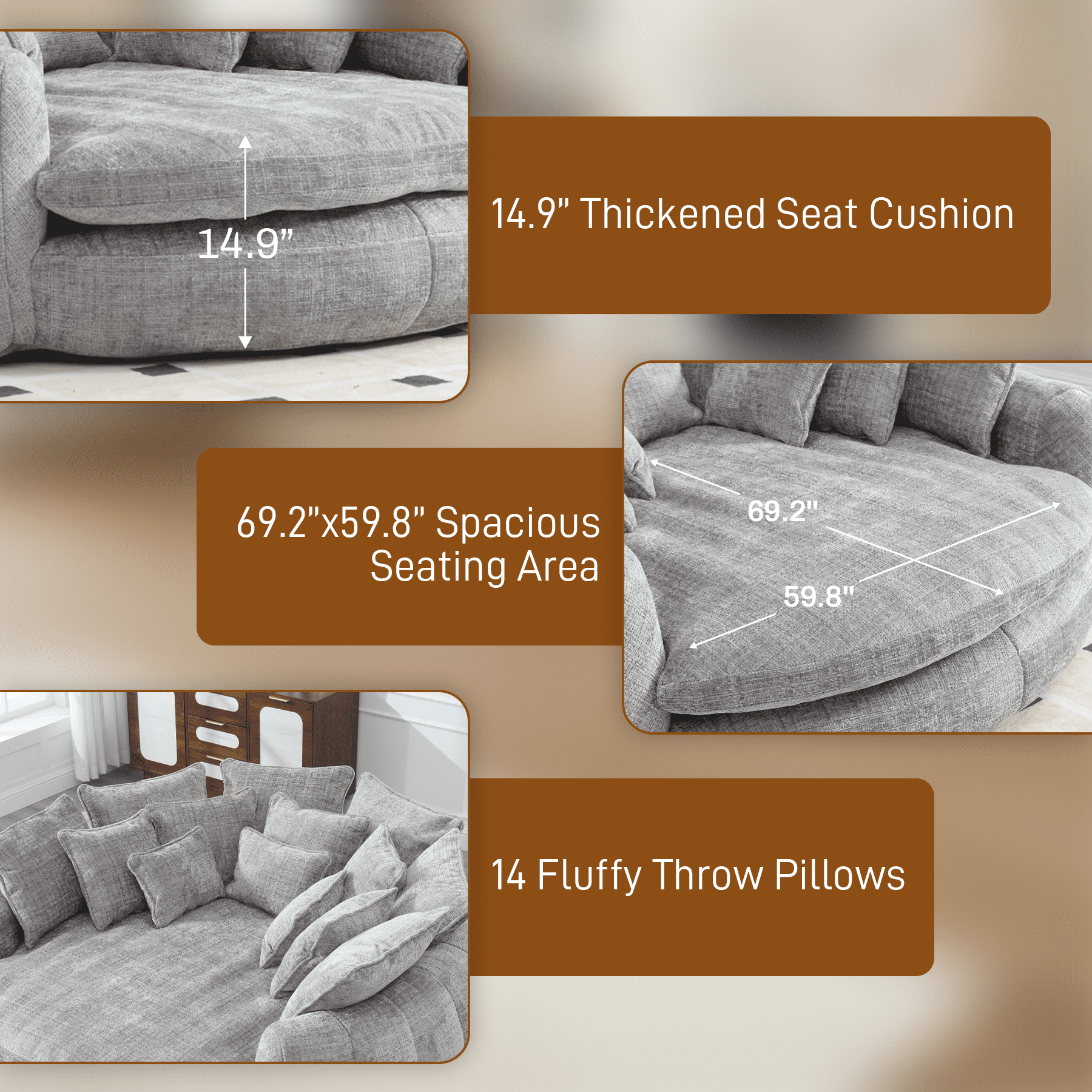 Rophefx 81.1" Oversized Round Chaise Lounge Sofa Bed,Fluffy Plush Cloud Couch with Deep Seat and 14 Pillows,Modern Comfy Couch for Living Room Apartment,Grey