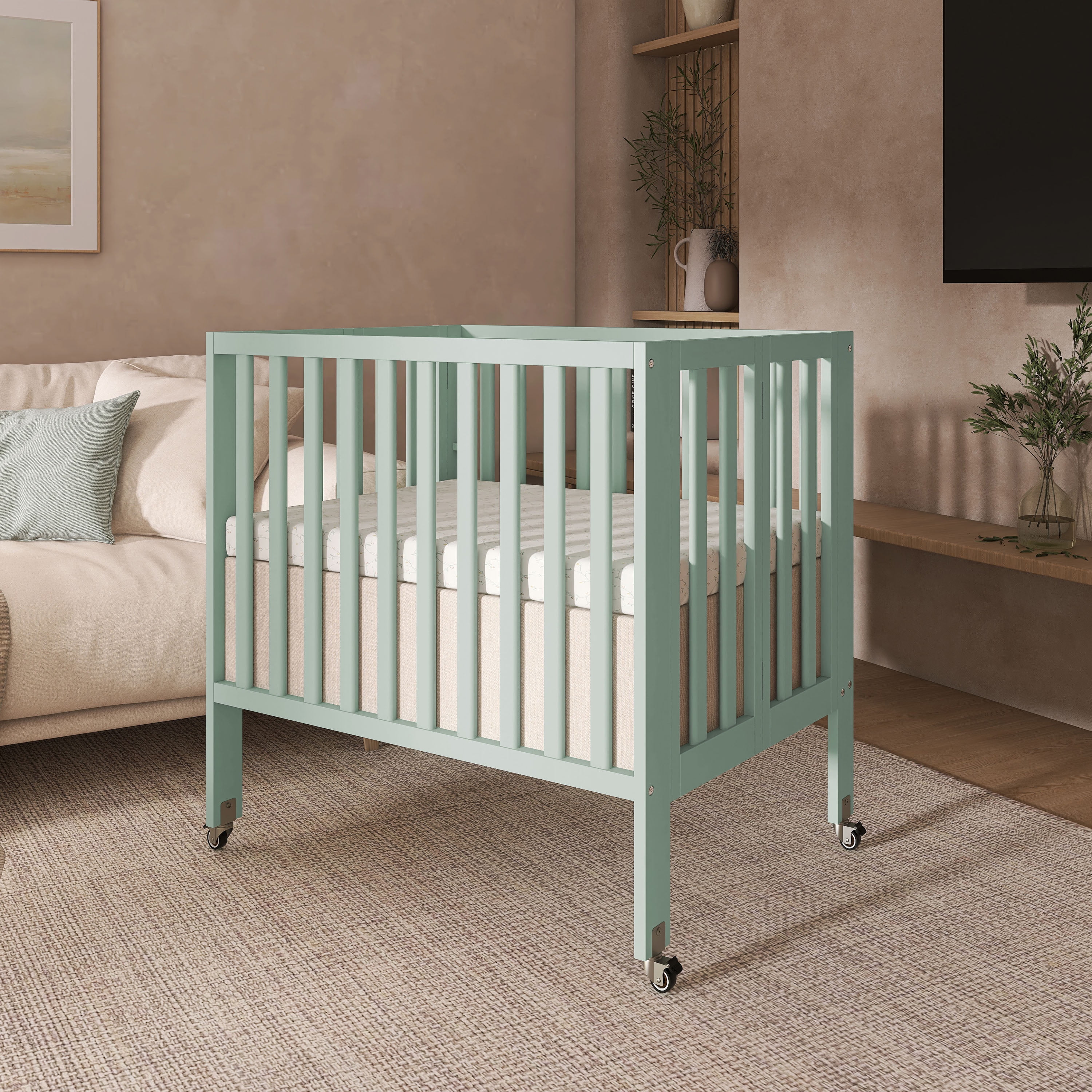 Dream On Me Jett Non-Full Size Folding Crib I Removable Wheels I Modern Nursey I Adjustable Mattress Support I Patent Folding System I Included 2.5” Mattress In Mint