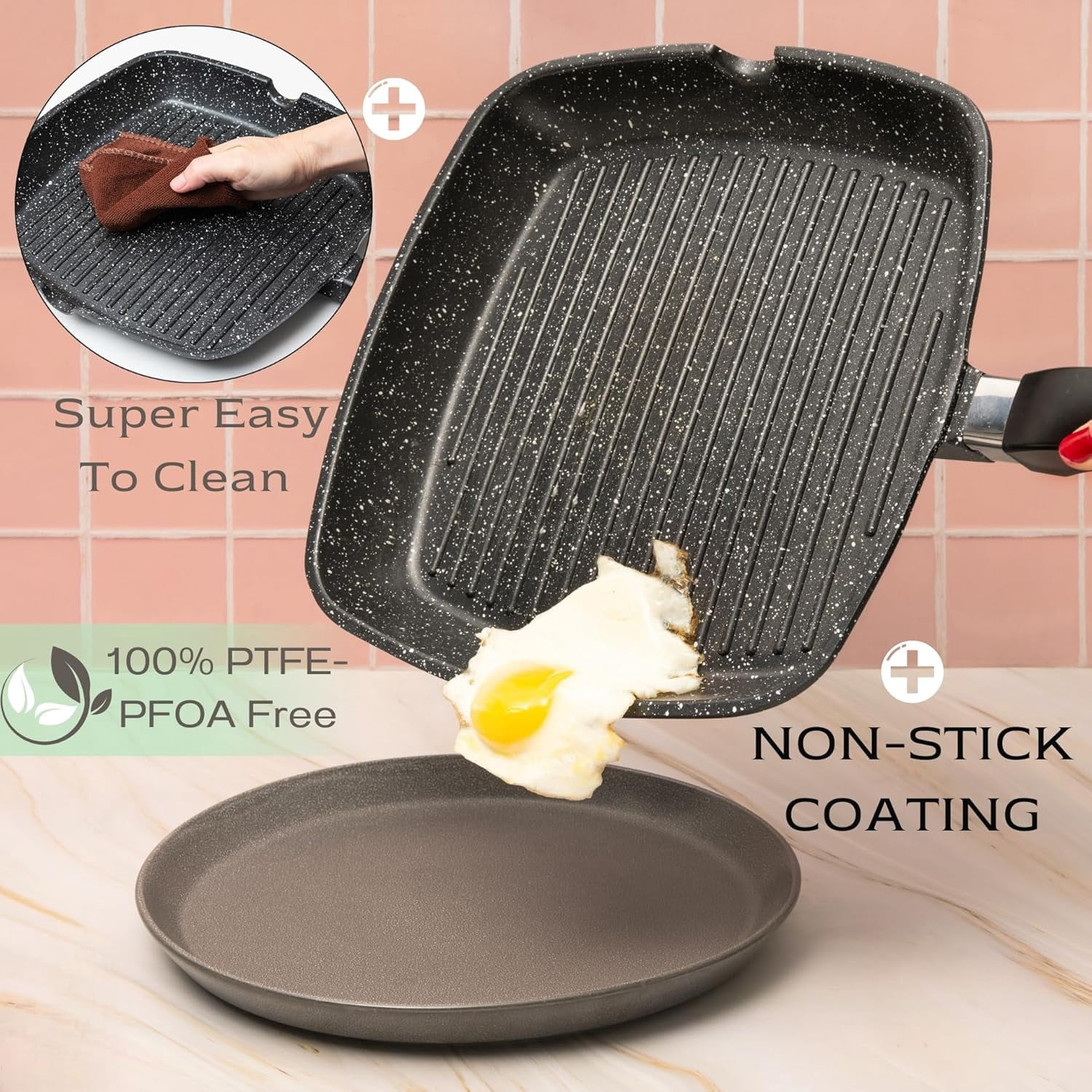 Aluminum Nonstick Grill Pan for Stove Tops, Versatile Griddle Skillet with Pour Spouts, 11 Inch Square Grill Pan Big Cooking Surface, Durable Skillet For Indoor Cooking & Outdoor Grilling