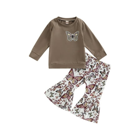

wybzd Kids Baby Girls Fall Outfits Butterfly Print Long Sleeve Shirt Tops+Stretch Flare Pants 2Pcs Clothes Set Light Brown 1-2 Years