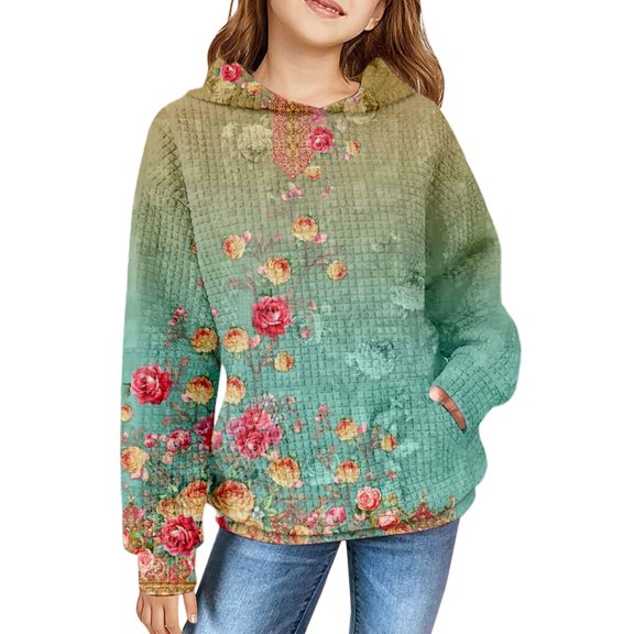 Mercatoo Girls Vintag Hoodi, Kids Flor Print Long Sleeve Hooded Sweatshirt Casual Stylish Fall Winter Outfit Tops