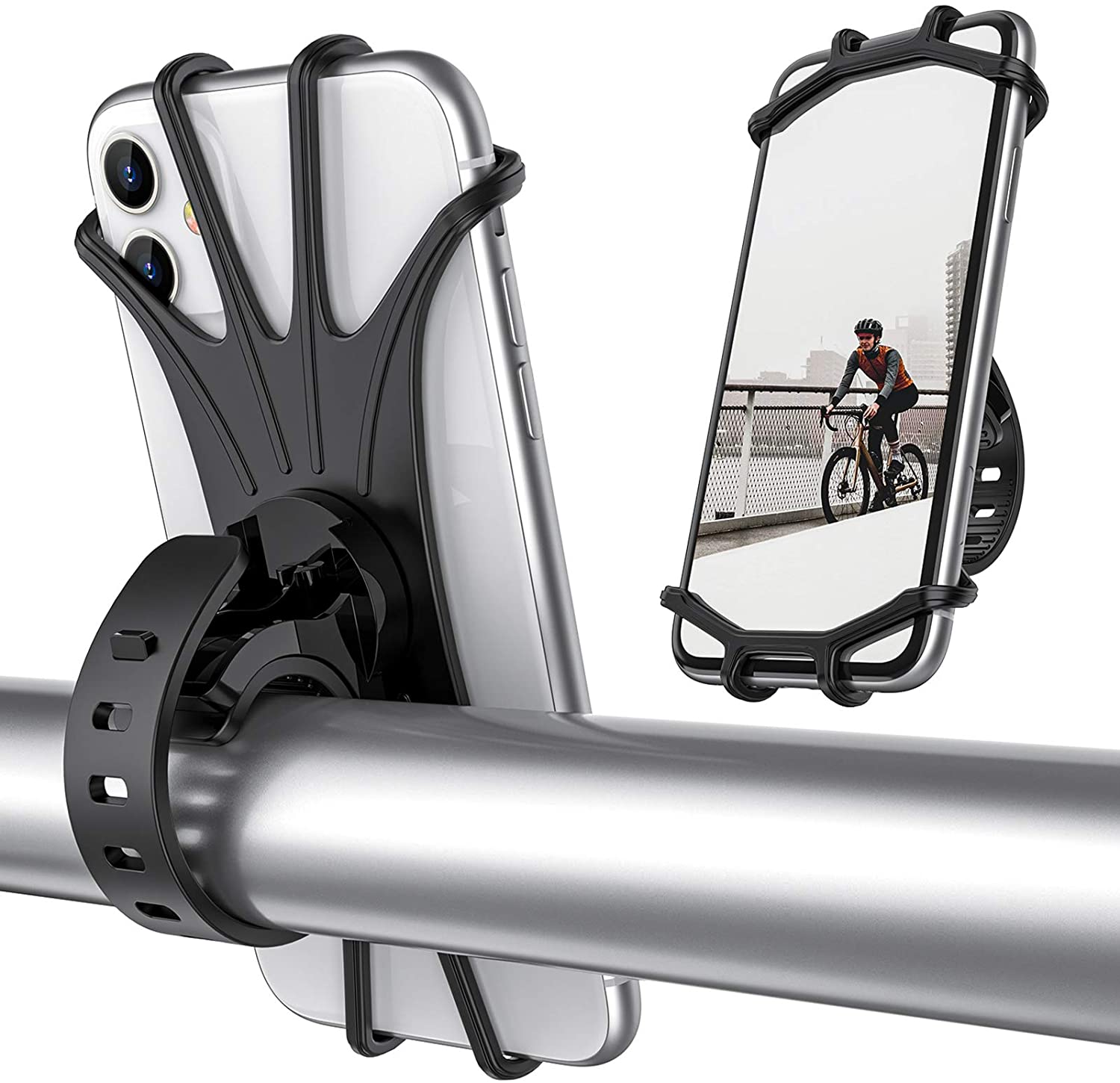 Bike Phone Mount, Universal Bike Cell Phone Holder, 360掳 Rotatable, Silicone Bicycle Phone Mount Compatible with iPhone 12/Pro/mini/11/Xs/Max/Xr/X/7/8/Plus - image 1 of 7