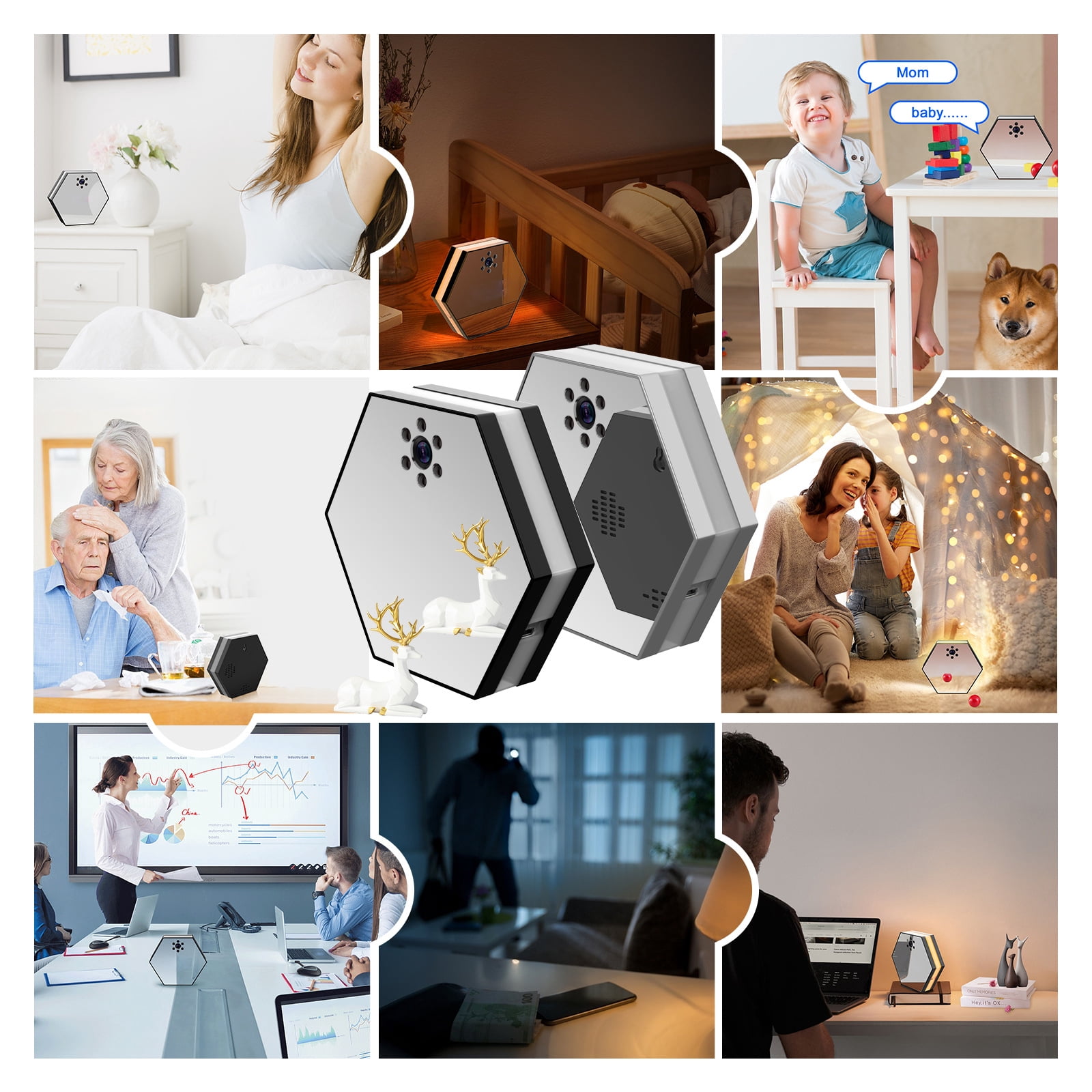 Wireless Security Camera, 1080P HD Monitor Pet Camera with Clock Display and Color Light, Night Vision Motion Detection, WiFi Smart Surveillance Camera for Home,Family,Baby,Pet Monitoring