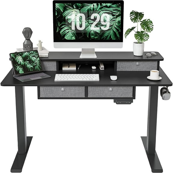 FEZIBO 48 x 24 Inch Height Adjustable Electric Standing Desk with 4 Drawers, Stand Up Table with Storage Shelf, Sit Stand Desk with Splice Board, Black Frame/Black Top