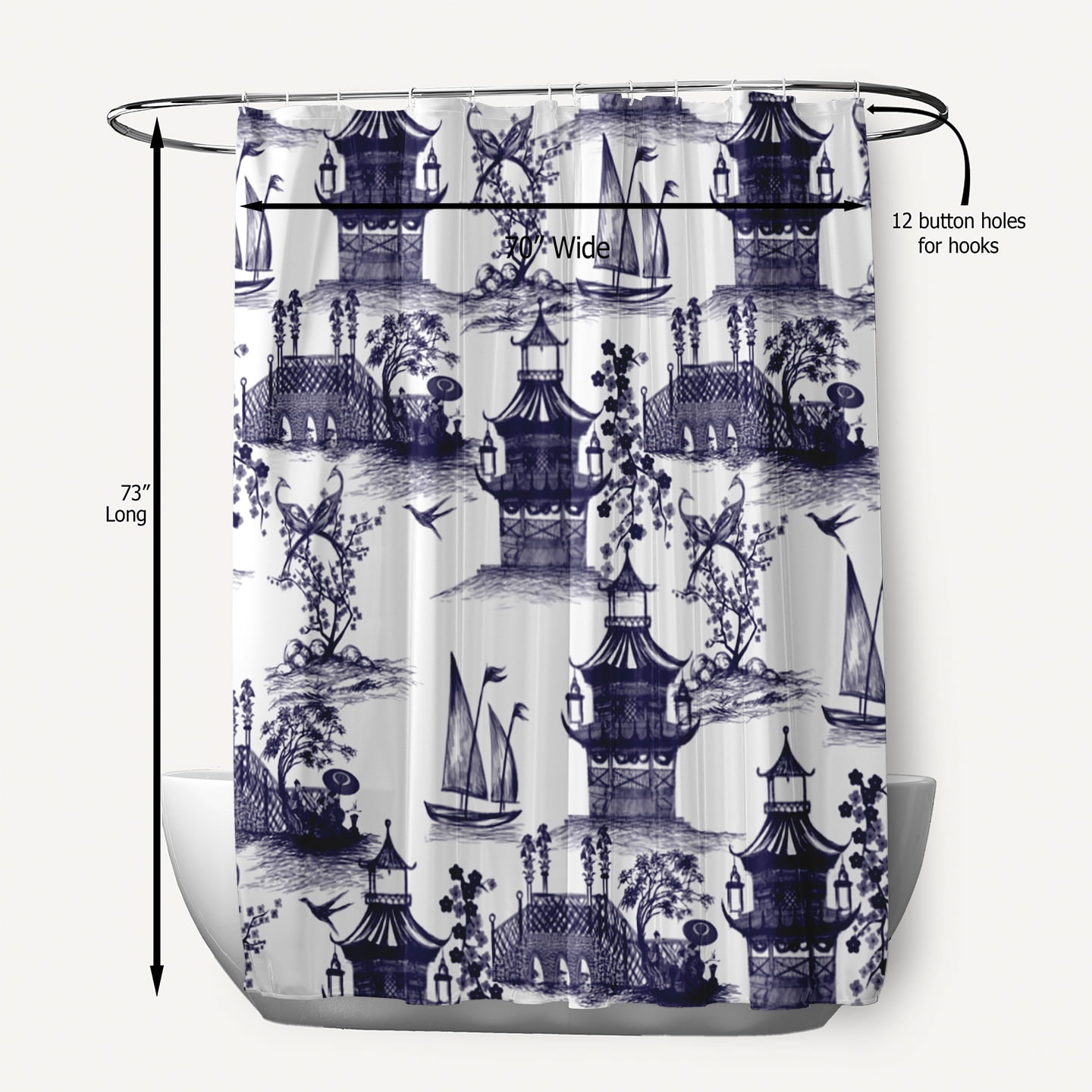 Simply Daisy 70" W x 73" L China Old Polyester Shower Curtain, Navy [1 Ct]