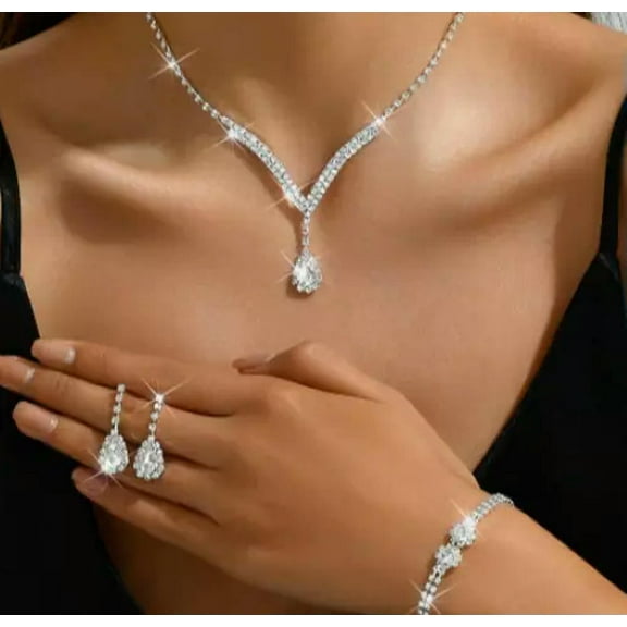 HOOUN Silver Plated Crystal Necklace Bracelet Earrings Set Prom Wedding Pageant Bridal