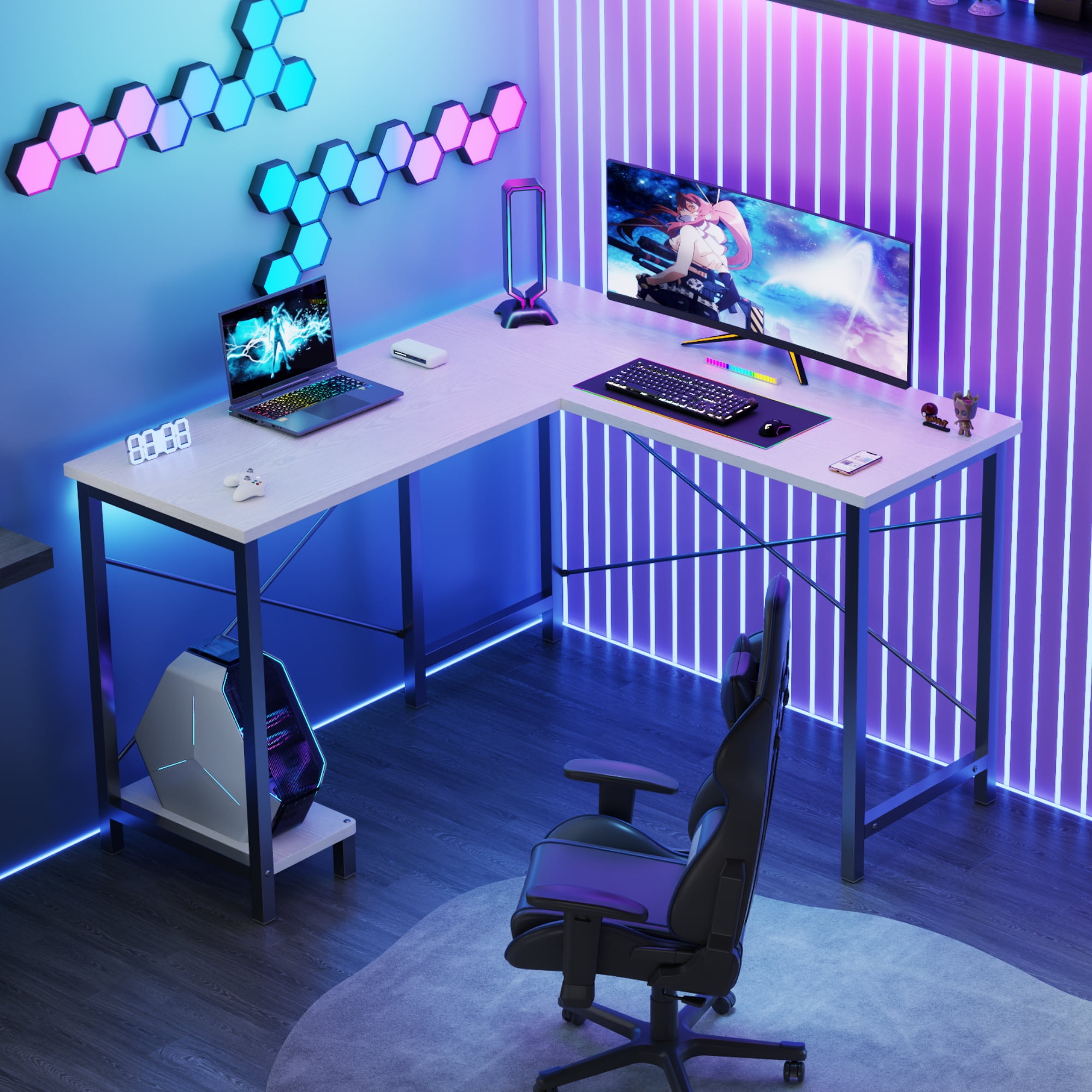 JIOABL 50" L-Shaped Corner Gaming Desk with Reversible CPU Stand, Waterproof Desktop & Metal Frame, White