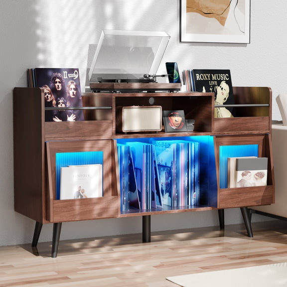 XL Record Player Stand, Vinyl Record Storage Cabinet  with LED Light & Power Outlet Holds Up to 500 Albums, Turntable Stand for Living Room