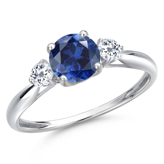 Gem Stone King 10K White Gold Blue Created Sapphire and White Topaz 3-Stone Ring for Women | 1.28 Cttw | Round 6MM | Gemstone September Birthstone | Size 8