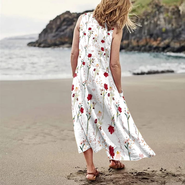 Susanny Button Down Dress for Women with Pink Flowers Floral Boho Maxi Full  Sleeves Cotton Linen Tank Long Evening Dresses Flowy Sleeveless Sundresses  for Plus Size Women with Pockets White 5XL -