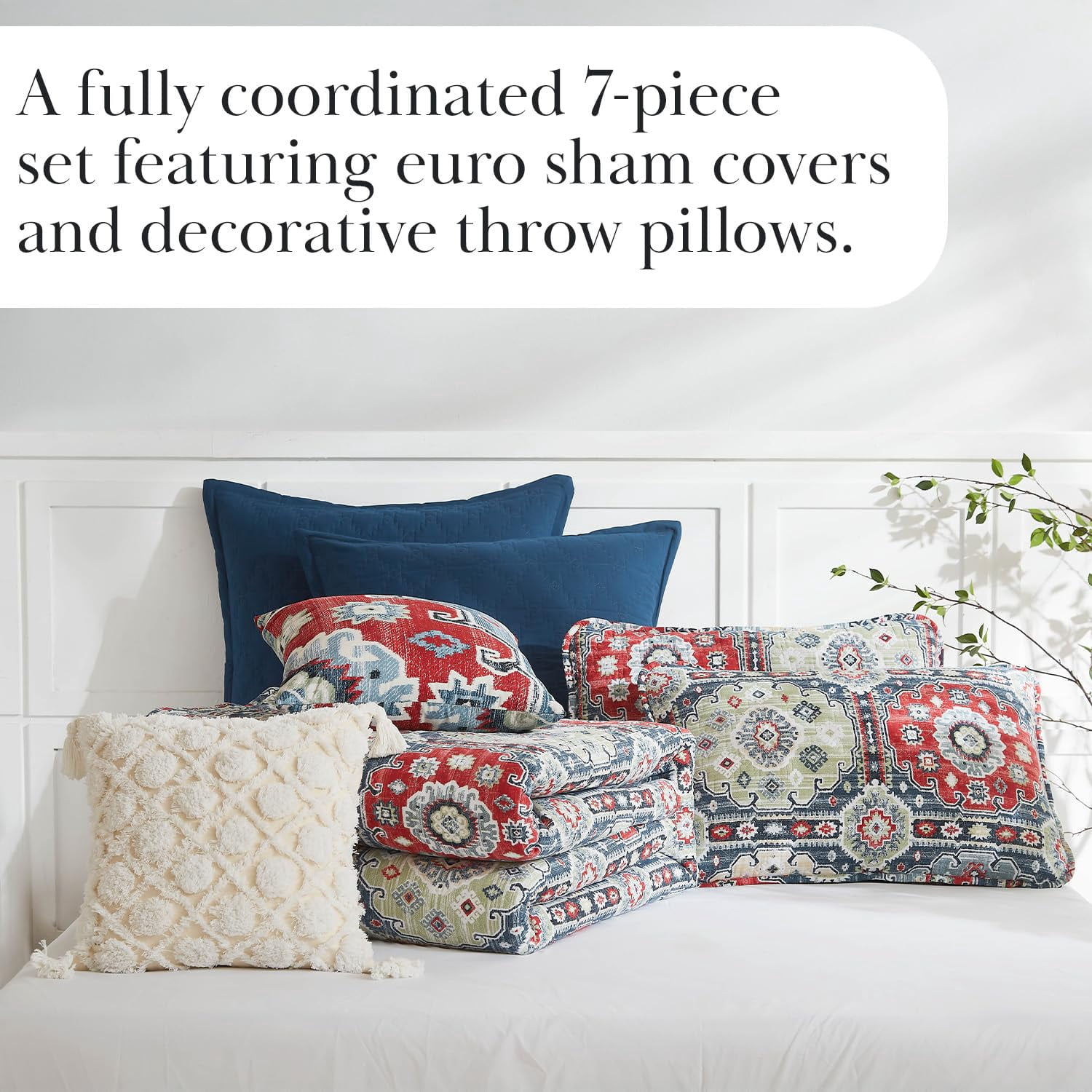 Southshore Fine Living, Inc. Oversized King Quilt Bedding Set 7-Pieces with 2 Pillow Shams, 2 Euro Shams, 2 Throw Pillows, Boho Bedding Set for King and California King Beds, Kilim Blue & Red
