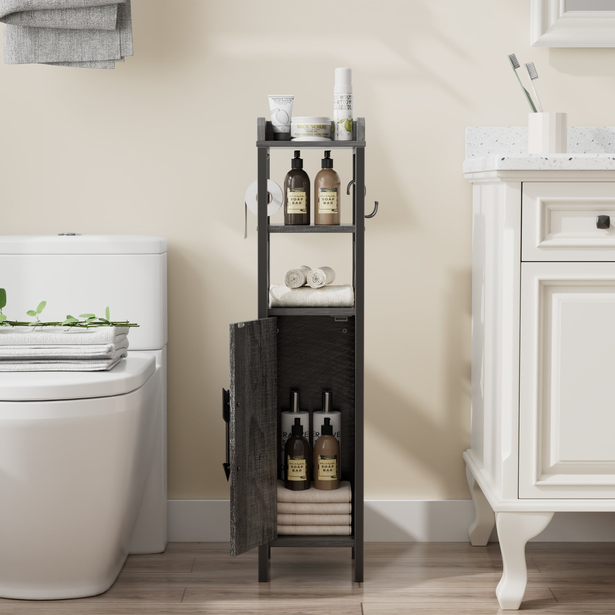 VECELO Bathroom Storage Cabinet with Toilet Paper Holder, 3-Tier Open Shelves Bathroom Organizer with for Small Spaces, Charcoal Grey