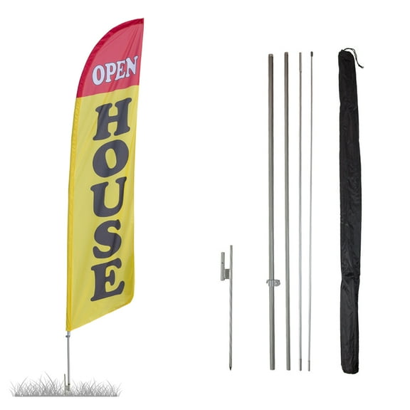 Open House Feather Flag Kit - 13.5ft Swooper Flag with Pole Set and Ground Spike - Open Houses, Realtors, Rentals - Printed in The USA