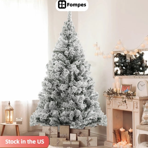 Fompes 5.9ft Snow Flocked Hinged Artificial Christmas Tree Unlit Holiday Decor with Realistic Branch Reinforced Metal Base and Easy to Assembly