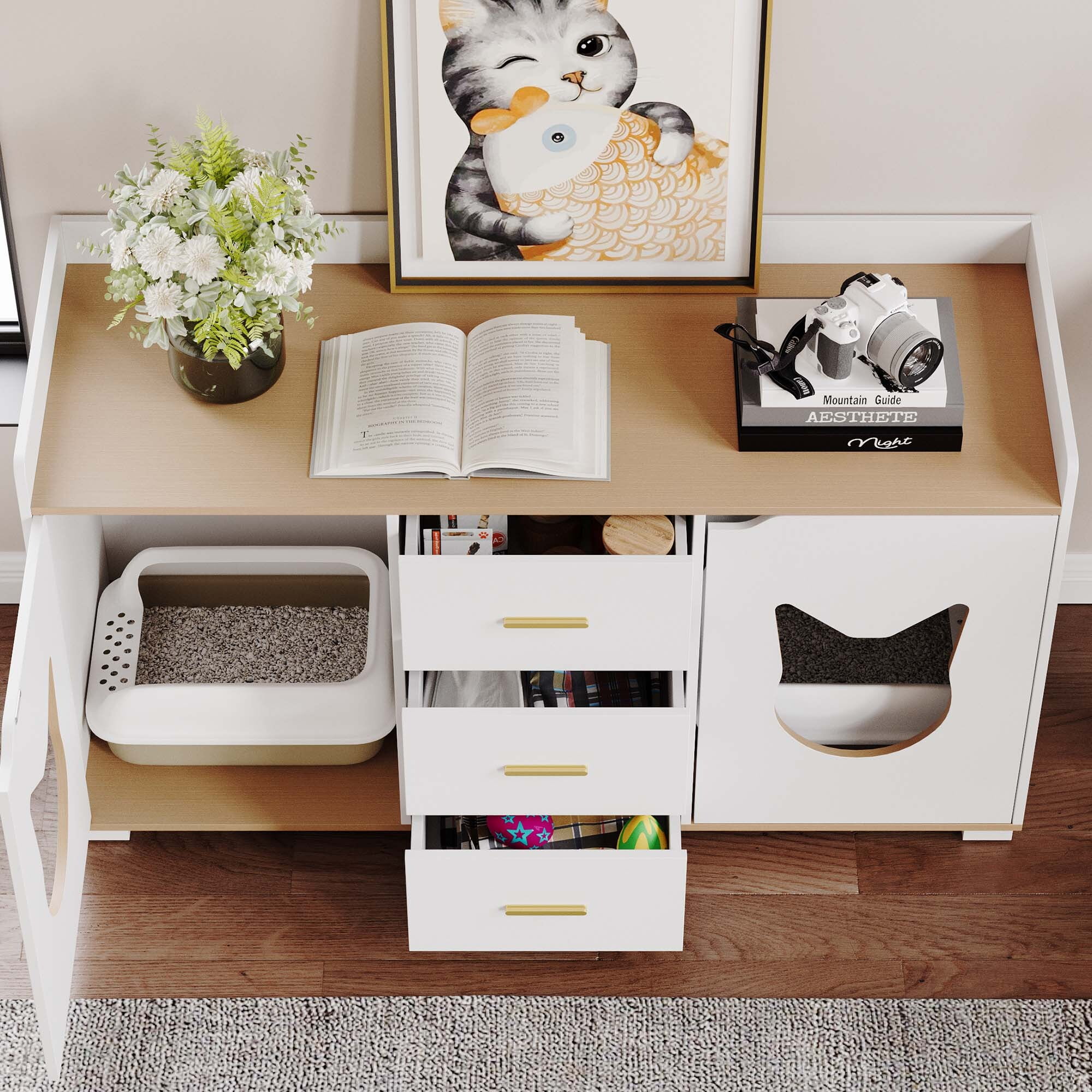 Uforic Litter Box Furniture with 2 Rooms, Wood Cat Litter Box Enclosure Cabinet with Drawer, White