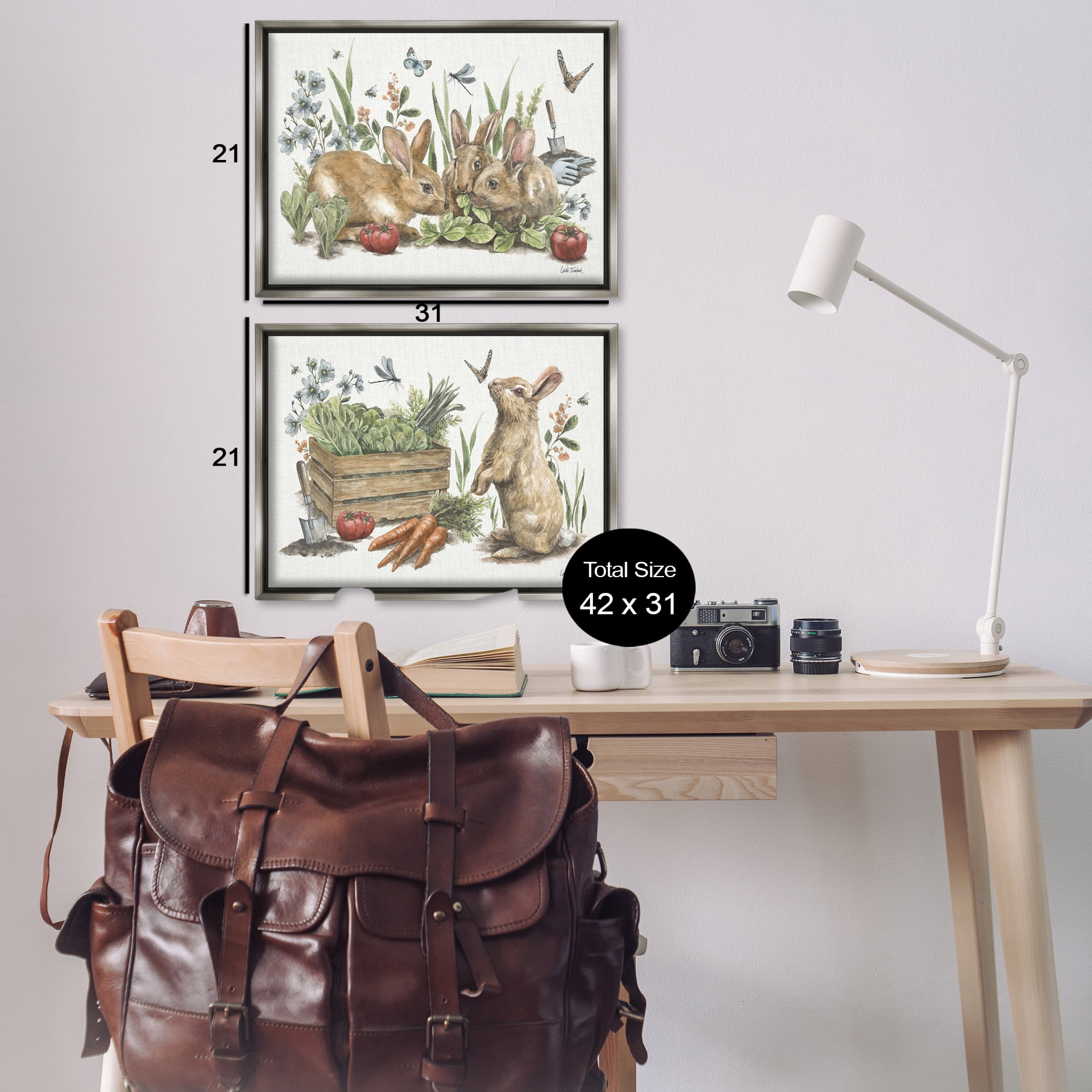 Stupell Industries Rabbit Vegetable Garden Party Animals Painting Gray Floater Framed Canvas Art Print Wall Art, 31 x 21, Set of 2