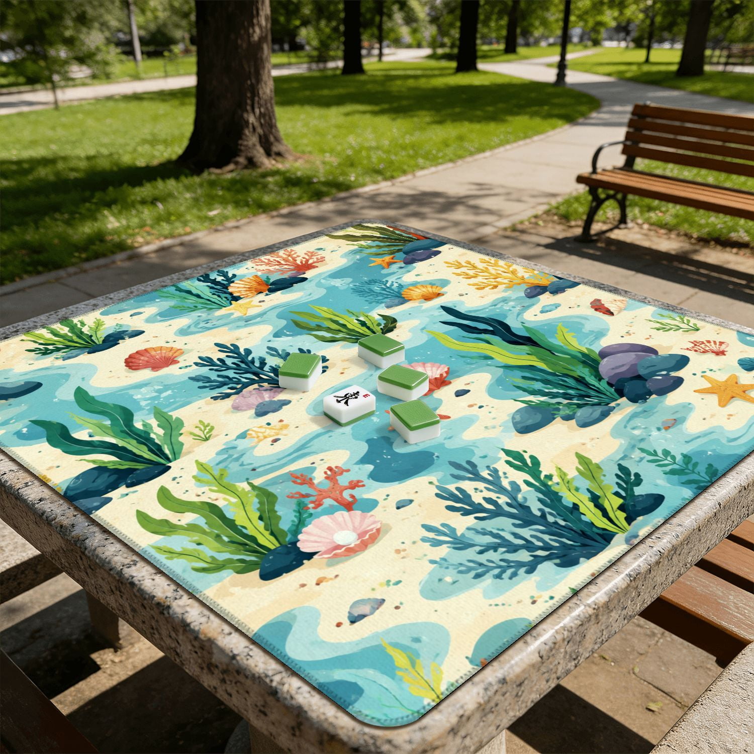 Mahjong Mat 31.5" x 31.5" Tropical Palm Tree Watercolor Beach Umbrellas Coastal Non-Slip Noise Reduction American Mahjong Tiles Table Cover for Dominoes Poker Card Board Games Gift