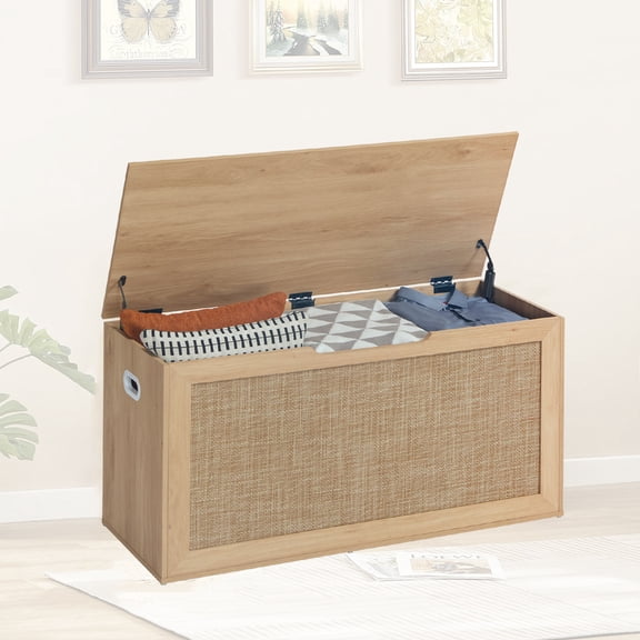 40" Storage Chest Rattan-Like Storage Trunk Entryway Bench with Storage, Shoe Bench with 2 Safety Hinge, Supports 80 lb, for Living Room, Natural