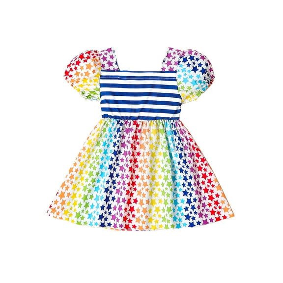 Bagilaanoe 4th of July Dress for Toddler Baby Girl Star Striped Print Short Sleeves A-line Dresses 12M 18M 24M 3T 4T Kids Independence Day Casual Swing Sundress