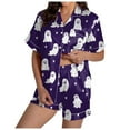 thumbnail image 6 of Hpapadks Halloween Womens Pajama Set Satin Silk Pumpkin Graphic Short Sleeve Sleepwear 2 Piece Button Down Top and Shorts Womens Pjs Dark Purple, 6 of 7