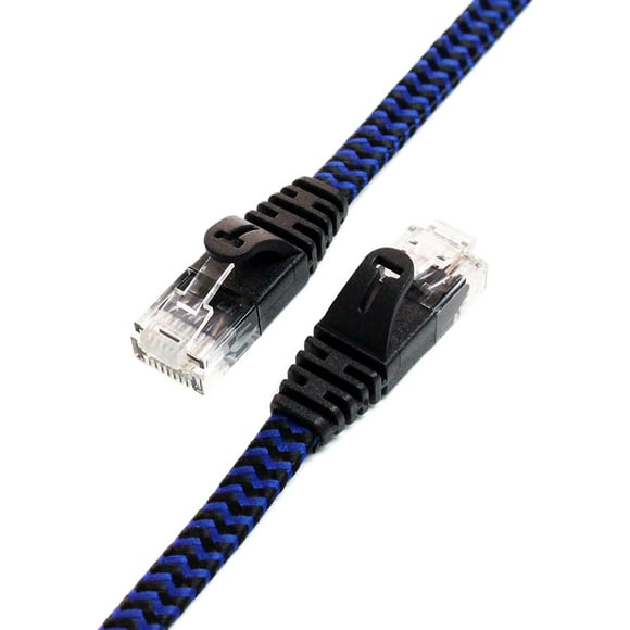 Tera Grand - CAT6 Câble Réseau Tressé Ultra Plat Ethernet 10 Gigabits, Noir / Bleu, Internet par Ordinateur Câble LAN