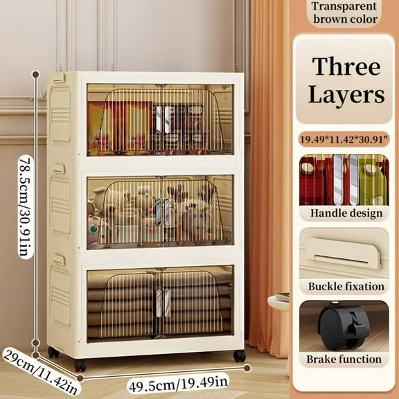 5-Pack 50cm (19.69") Stackable Storage Cabinets with Lids & Wheels - Clear Door Plastic Organizers for Home, Office, Dorm - Multi-Layer Mobile Storage Solution (3/4/5 Tier Options)