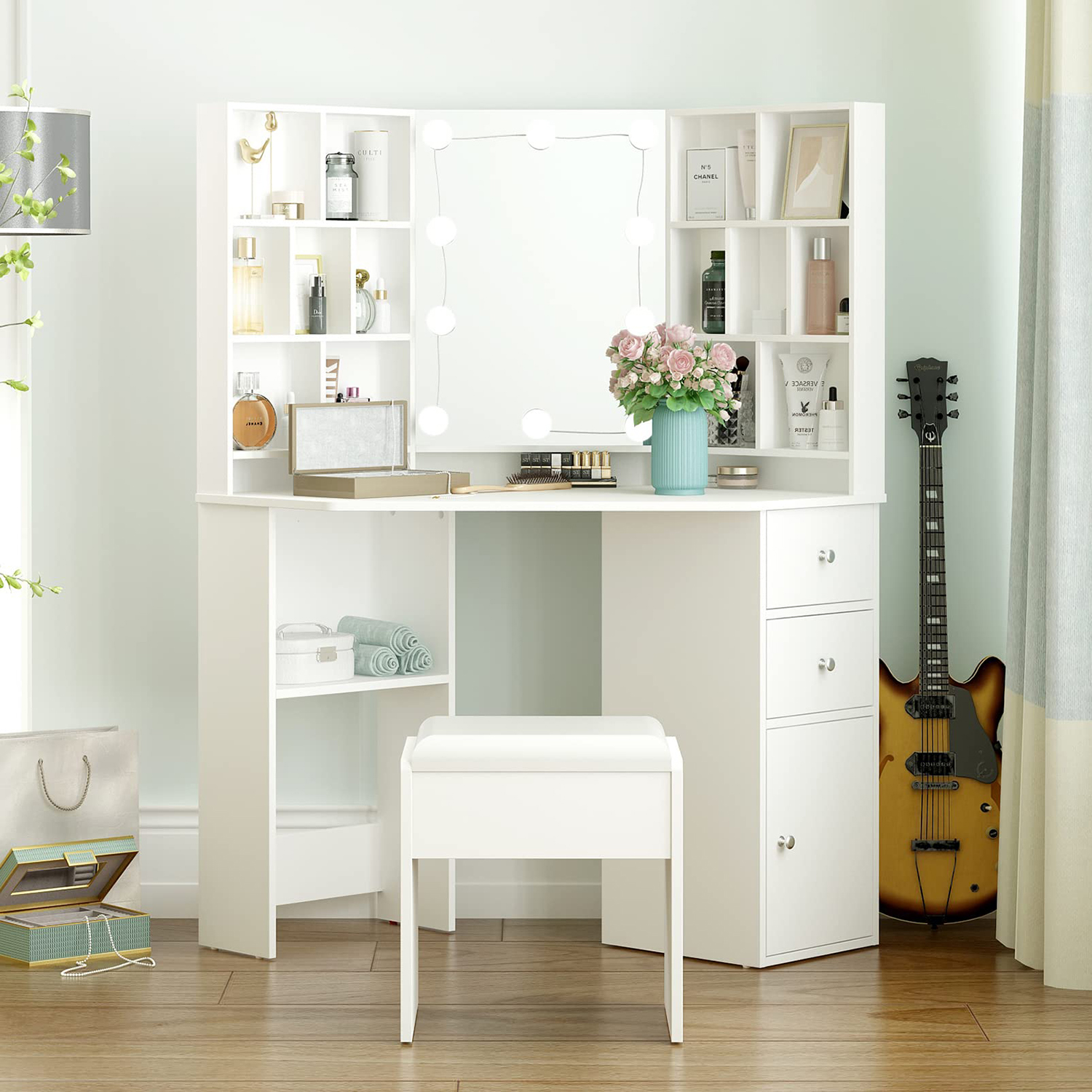 Veanerwood Corner Vanity Table Set with Lighted Mirror, Makeup Dressing 