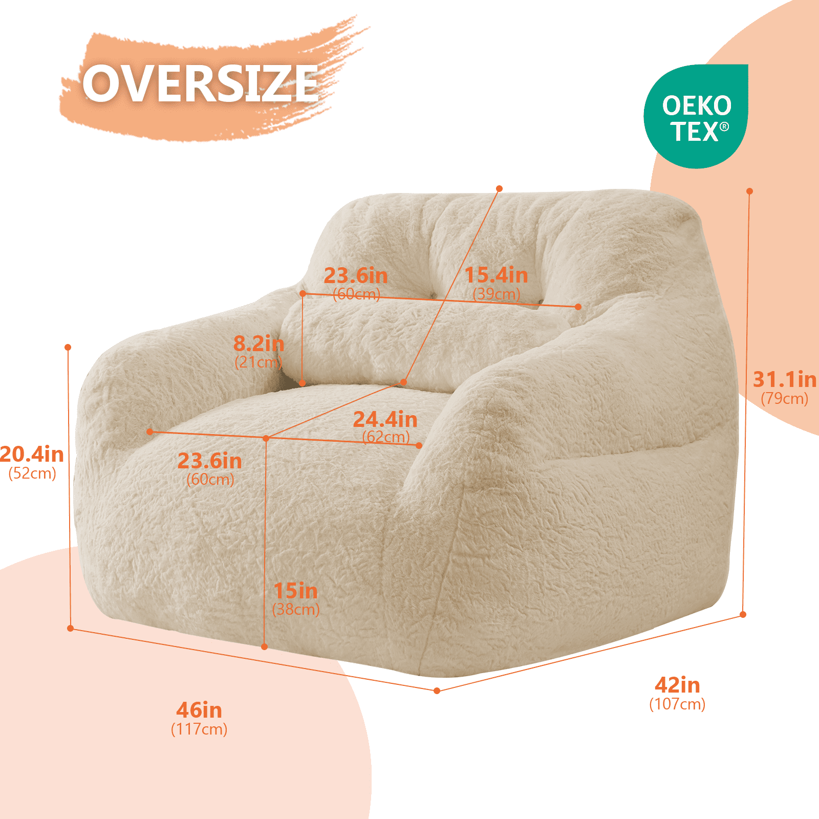 Ebenchico 3.8ft Oversized Bean Bag Chair for Adults Teens Kids, Beanbag Chairs with Pillow, Reading Gaming Relaxing Chair, Apricot