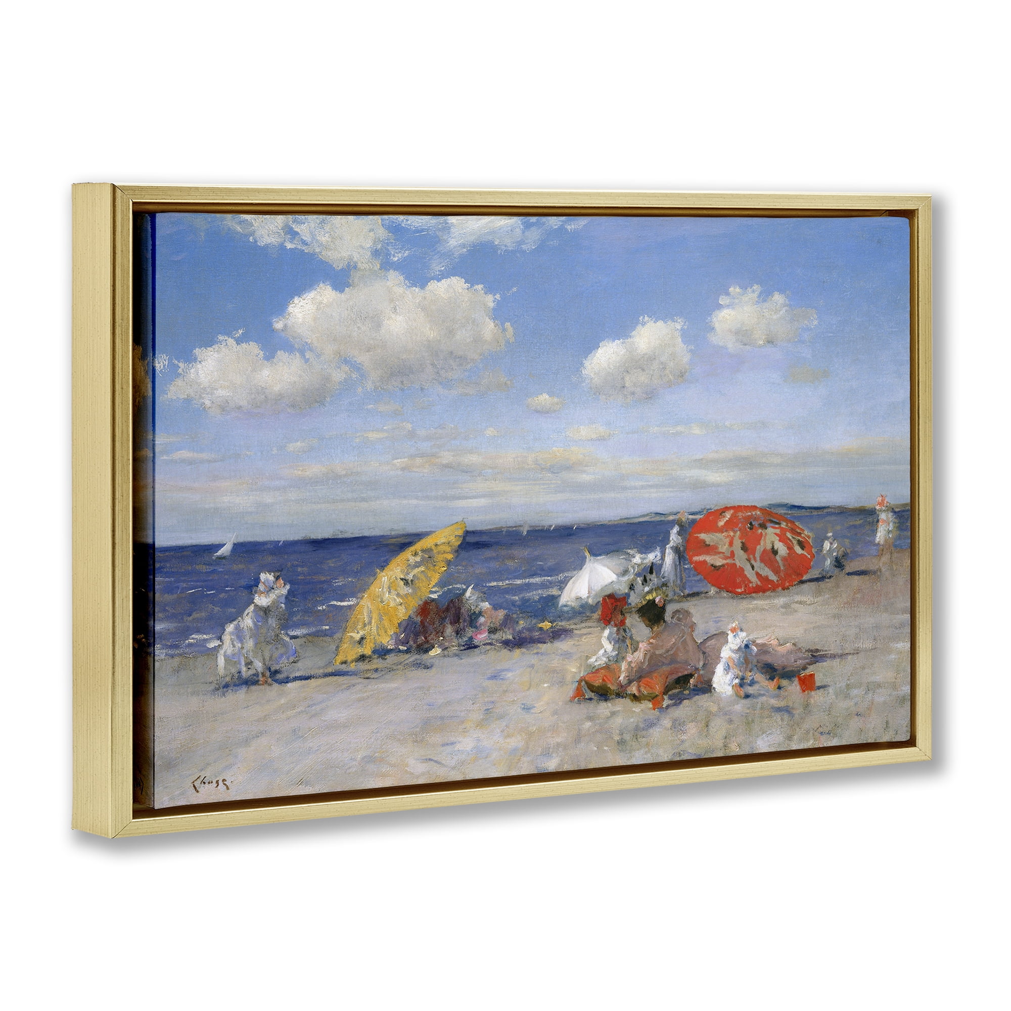 Stupell Industries Classic Beachgoers Scene Nautical & Beach Painting Gold Floater Framed Canvas Art Print Wall Art, 31 x 21