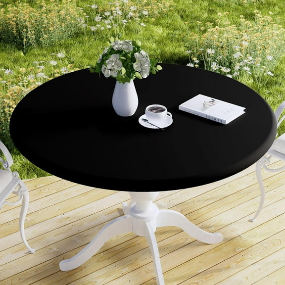 Round Fabric Fitted Tablecloth, Elastic Waterproof Oil Proof Table Cloth, Washable Polyester Table Cover Fits 36"-44" Round Tables for Outdoor Picnic Dinner, Black