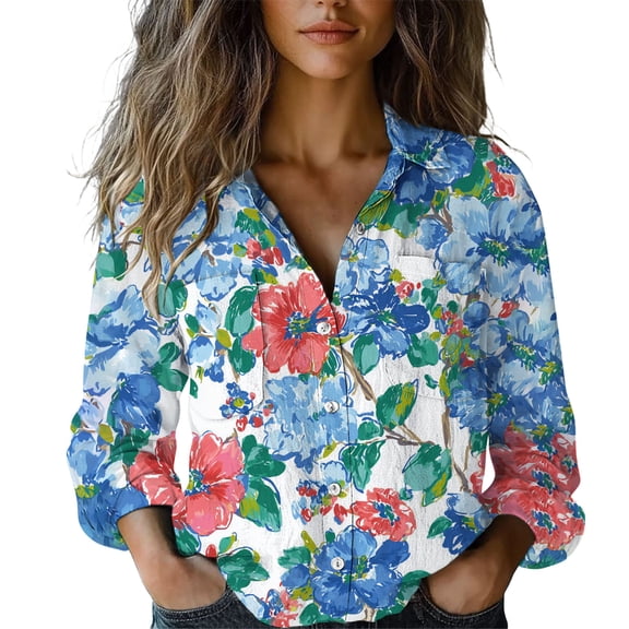 QASIEATN Button Down Shirts for Women Printed Long Sleeve Blouse Work Tops Summer Blouse Fashion Clothing