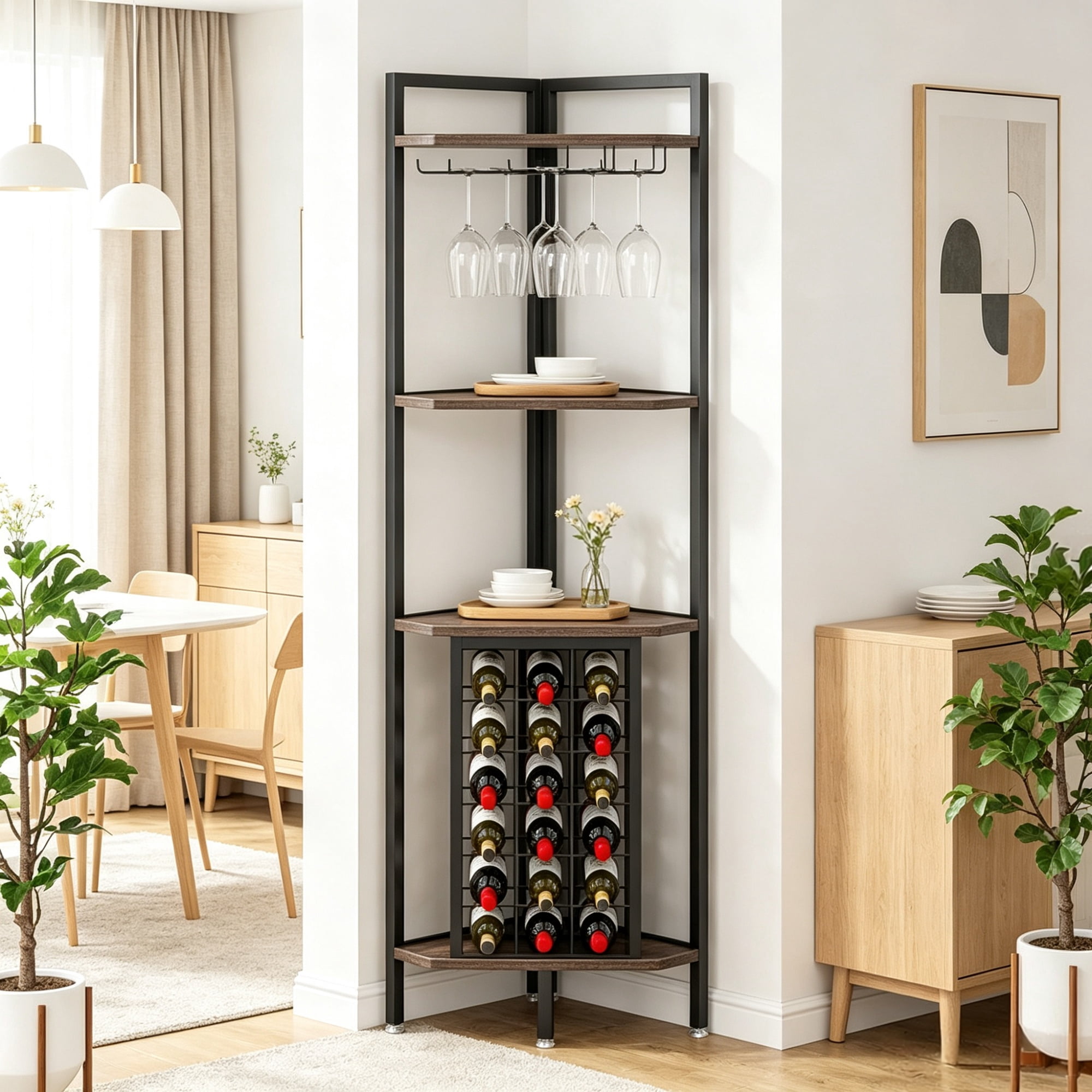 4 Tier Corner Wine Rack with Glass Holder, Storage Shelves and Bottle Display