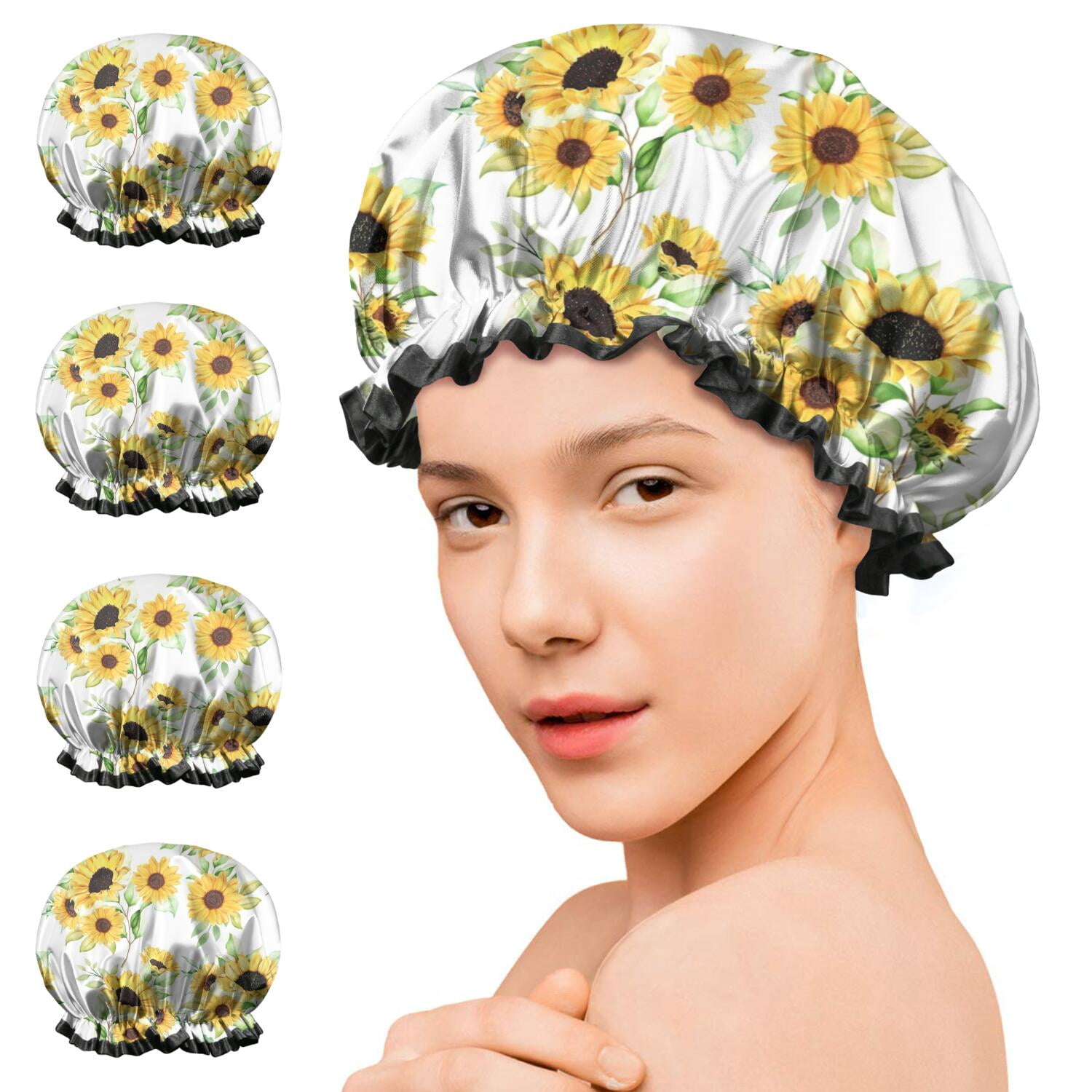 Shower Caps,White Green Leaf Sunflower Pattern Waterproof Shower Cap for Women 4 Pieces,Double Reusable Hair Cover for Shower PEVA Elastic Stretch Hem