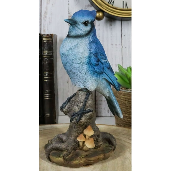 Wildlife Blue Jay Passerine Bird Perching on Tree Stump Spring Bouncing Figurine